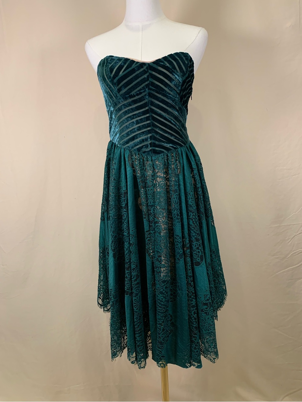 Free People Emerald Velvet Striped Bodice Handkerchief Lace Dress Small
